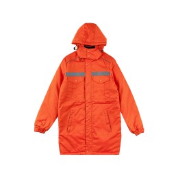 Designed orange mid-length cotton coat Customized reflective hooded overalls jacket Padded overalls Velcro elastic cuffs  Long style  SKWK153 Designed orange mid-length cotton coat Customized reflective hooded overalls jacket Padded overalls Velcro elastic cuffs  Long style  SKWK153